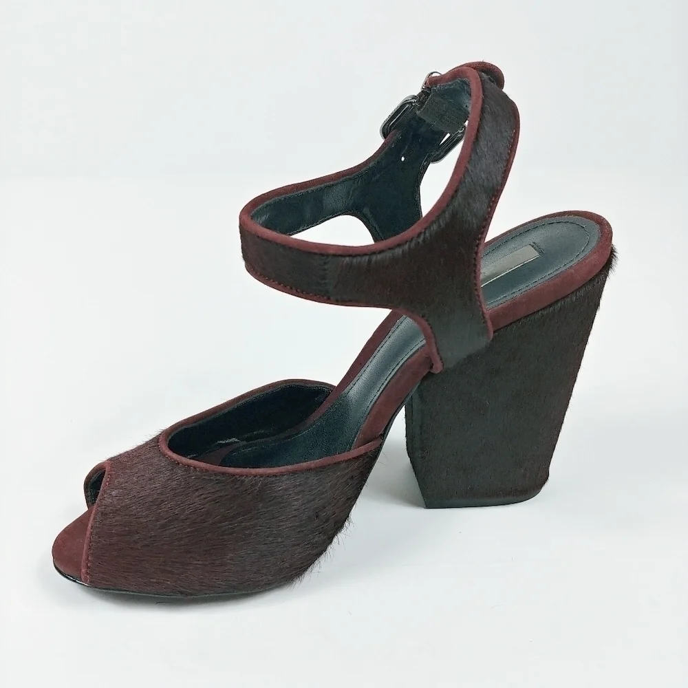 Schutz Peep Toe Pony Hair‎ Chunky Block Heel Size 6 Ankle Strap Burgundy